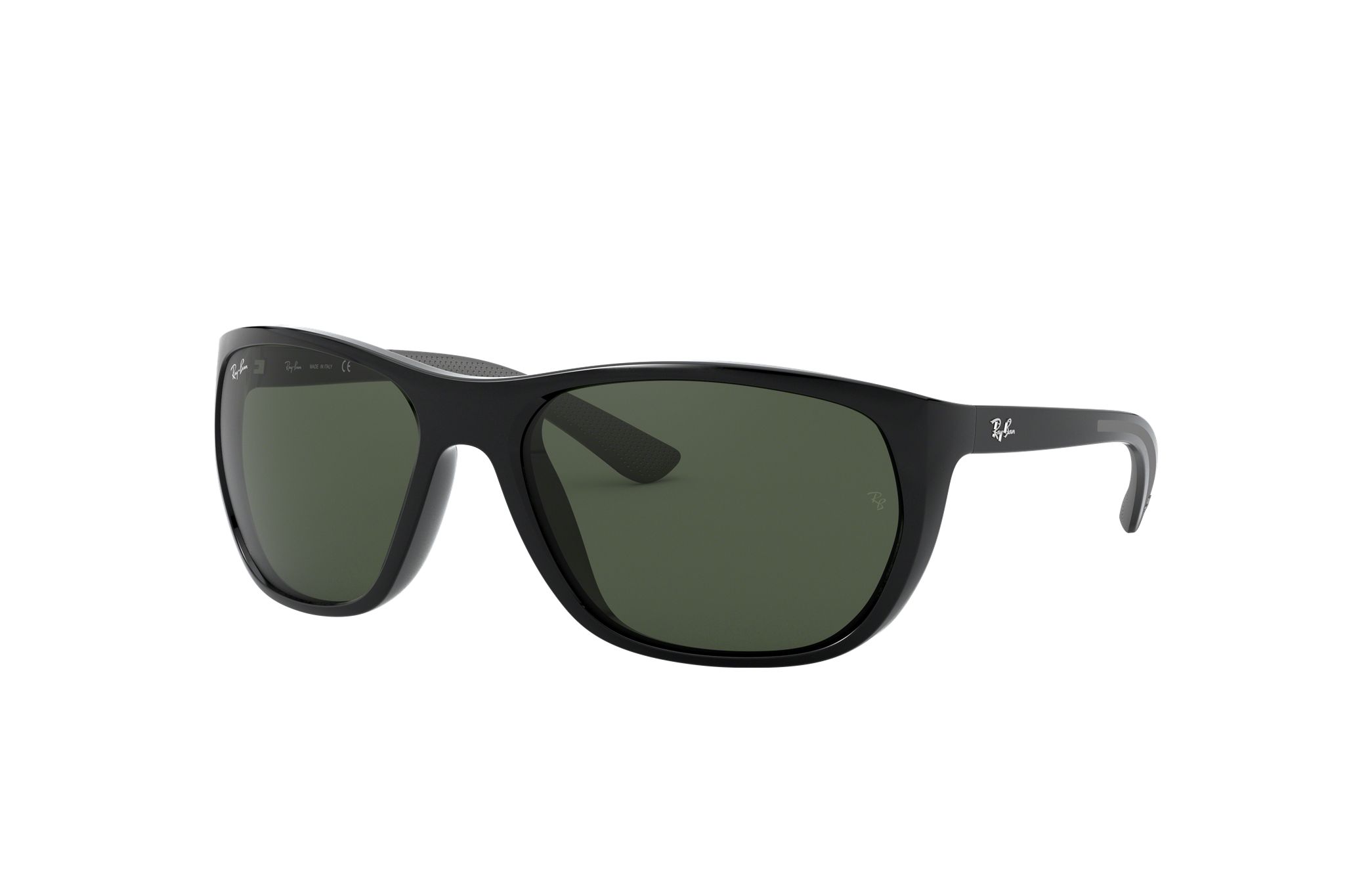 Ray-Ban RB4307-601/71 unisex sunglasses featuring a glossy black square frame and green lenses, perfect for stylish sun protection.